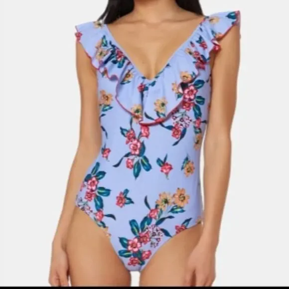 Jessica Simpson Garden Girl Frill Shoulder One Piece Swimsuit size large